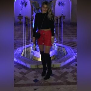 Versace lamb skin leather Button-Front Mini Skirt in red